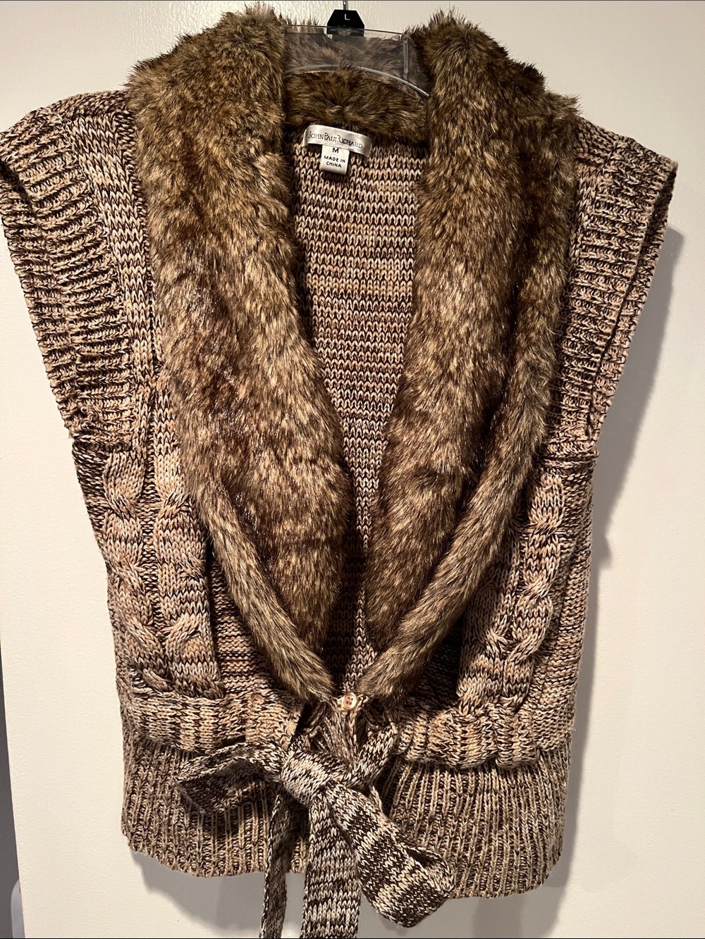 JohnPaulRichard Brown Marled Cable Knit Vest with Faux Fur Collar